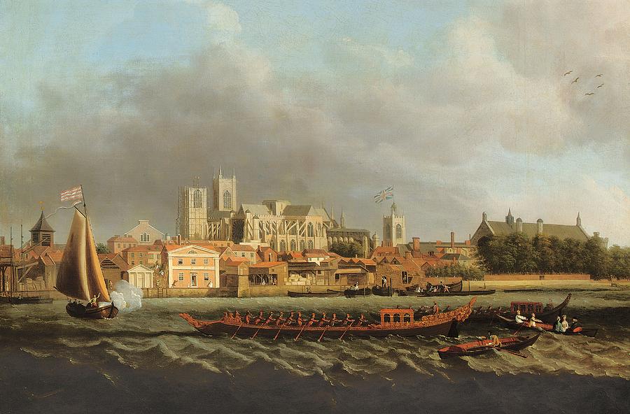 Westminster Photograph - View Of Westminster From Lambeth With A Royal Barge In The Foreground Oil On Canvas by Samuel Scott