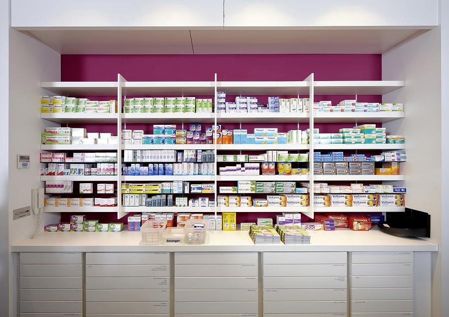View on shelves of a pharmacy Photograph by Clu