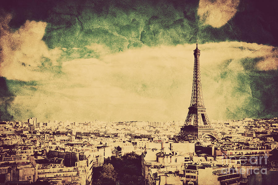 View On The Eiffel Tower And Paris France Retro Vintage Style Photograph