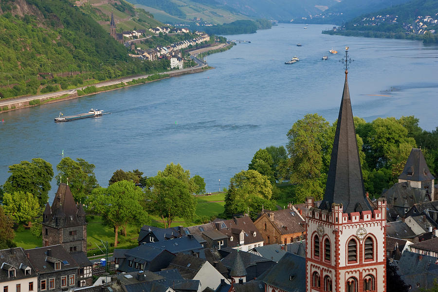 Boat Photograph - View Over Bacharach And River Rhine by Peter Adams