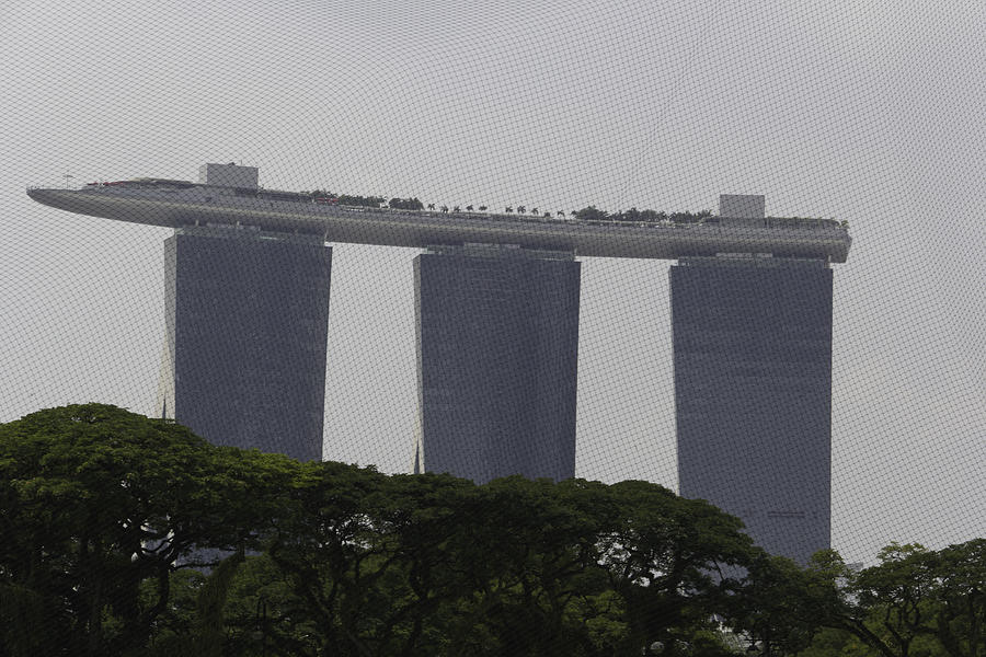 View through netting of Marina Bay Sands over the top of trees Photograph by Ashish Agarwal