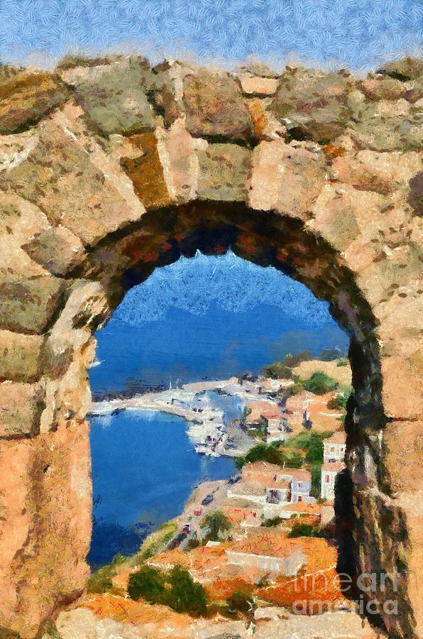 View through the castle in Molyvos Painting by George Atsametakis