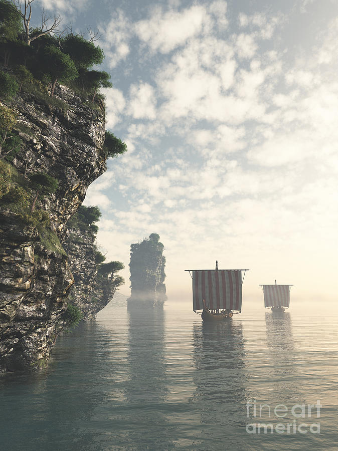 Boat Digital Art - Viking Longships in Unknown Waters by Fairy Fantasies