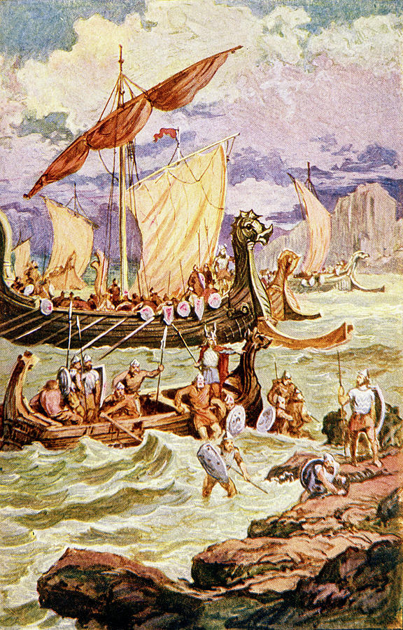 Boat Painting - Viking Norsemen Ships Landing Warriors by Vintage Images