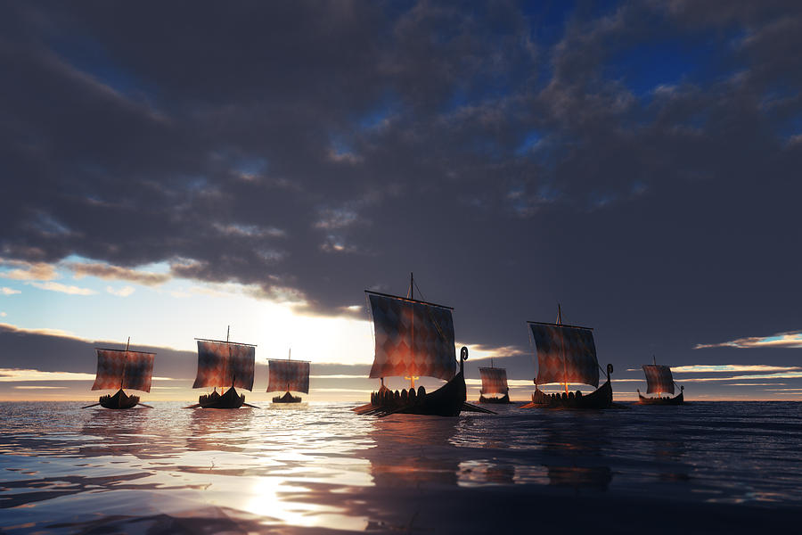 Viking ships sailing towards unknown land Photograph by Gremlin