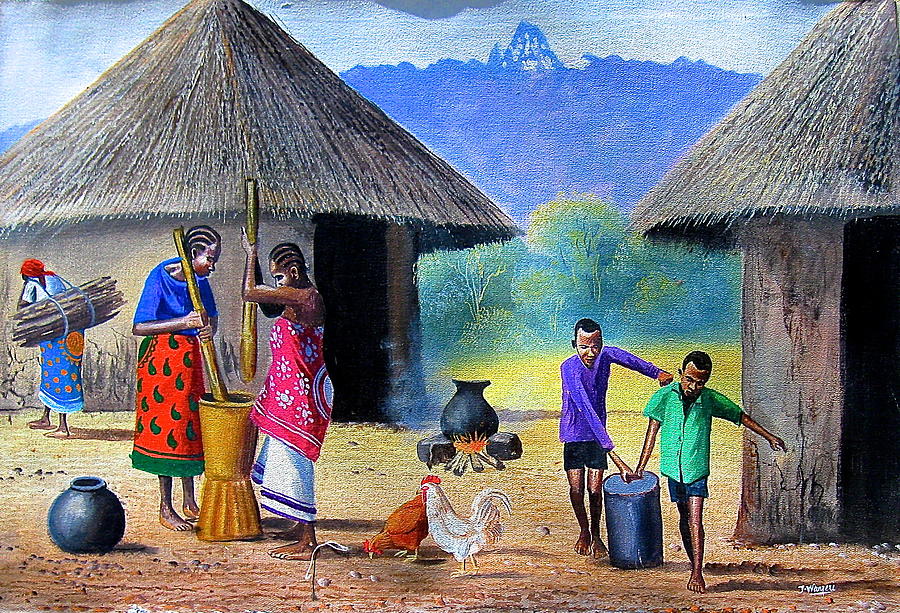 Village Chores Painting by Jane Wanjeri