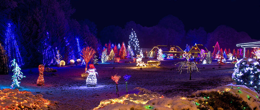 Village in christmas lights panoramic view Photograph by Brch Photography