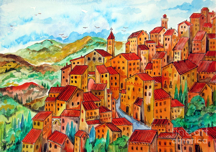 Village on the mountain slope Painting by Roberto Gagliardi