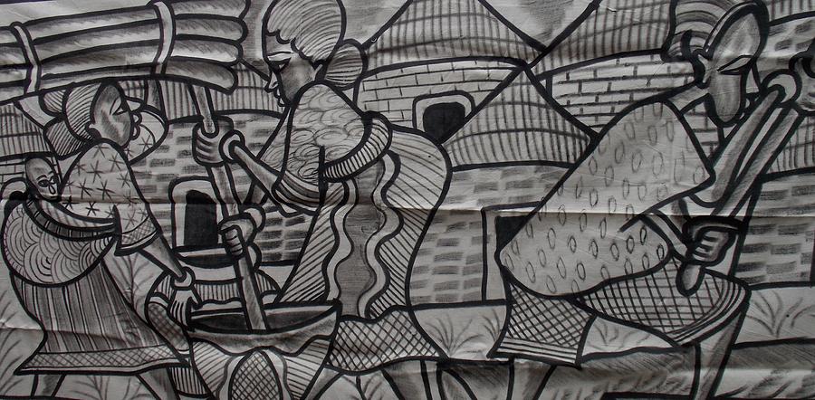 Axe Painting - Village Scene Episode Two On Black And White Painting. by Okunade Olubayo