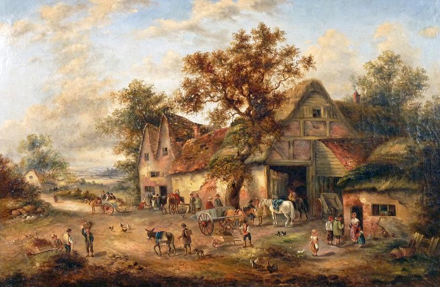 Village Scene with figures before a stable Painting by MotionAge Designs