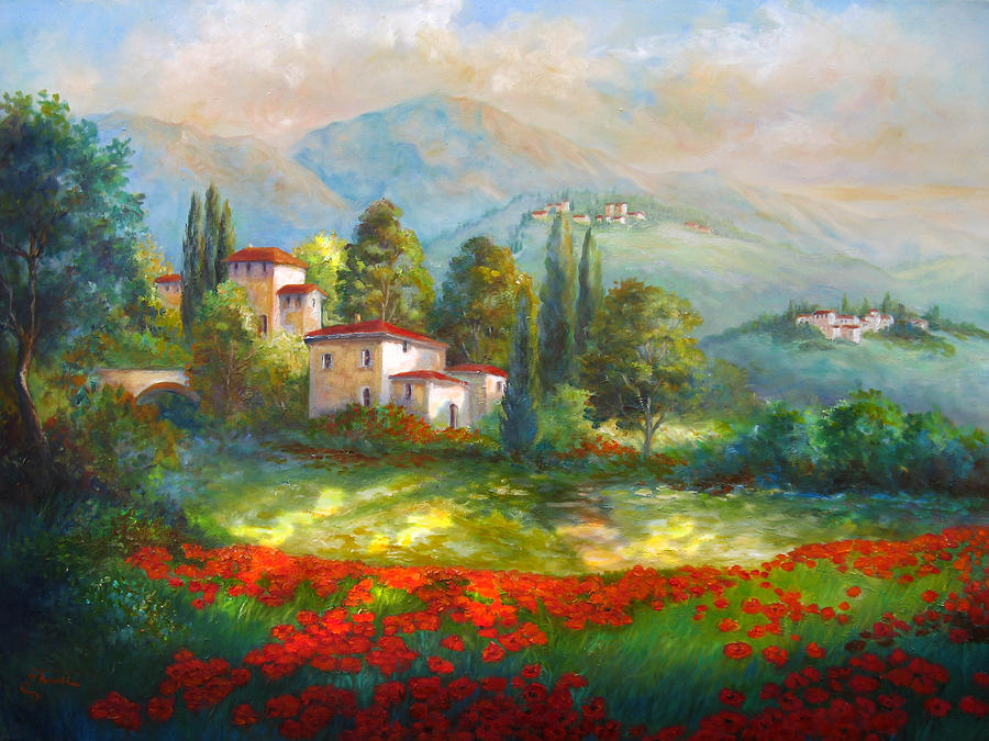 Village with poppy fields  Painting by Regina Femrite