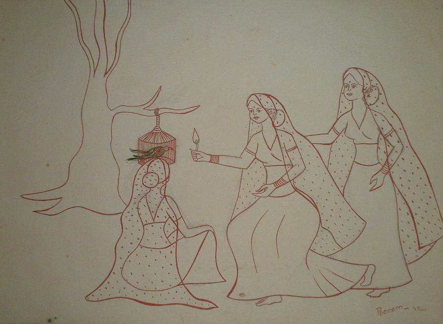 Portrait Drawing - Village women giving chili to parrot  by Poonam Mehta Dutt
