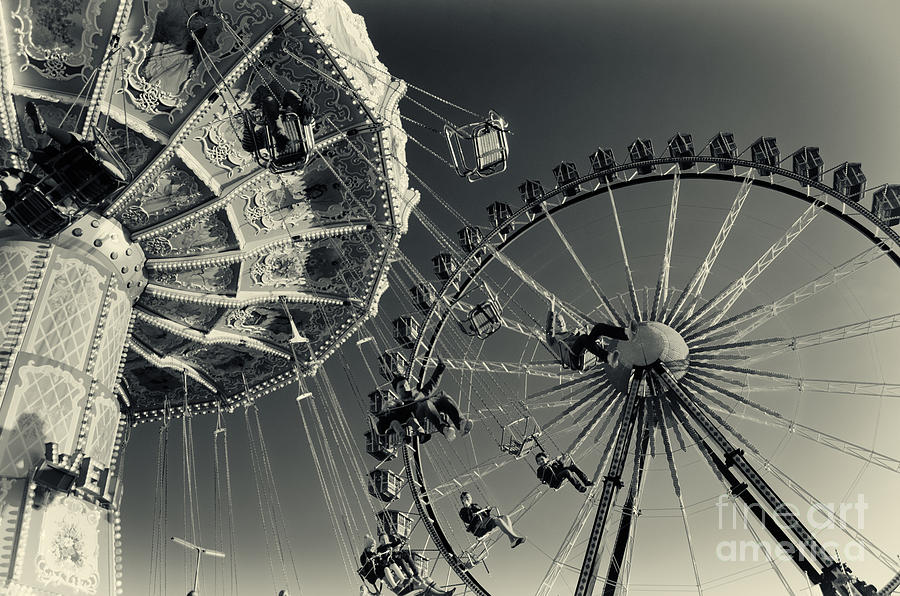 Vintage Carousel and Ferris Wheel bw at the Octoberfest in Munich Photograph by Sabine Jacobs