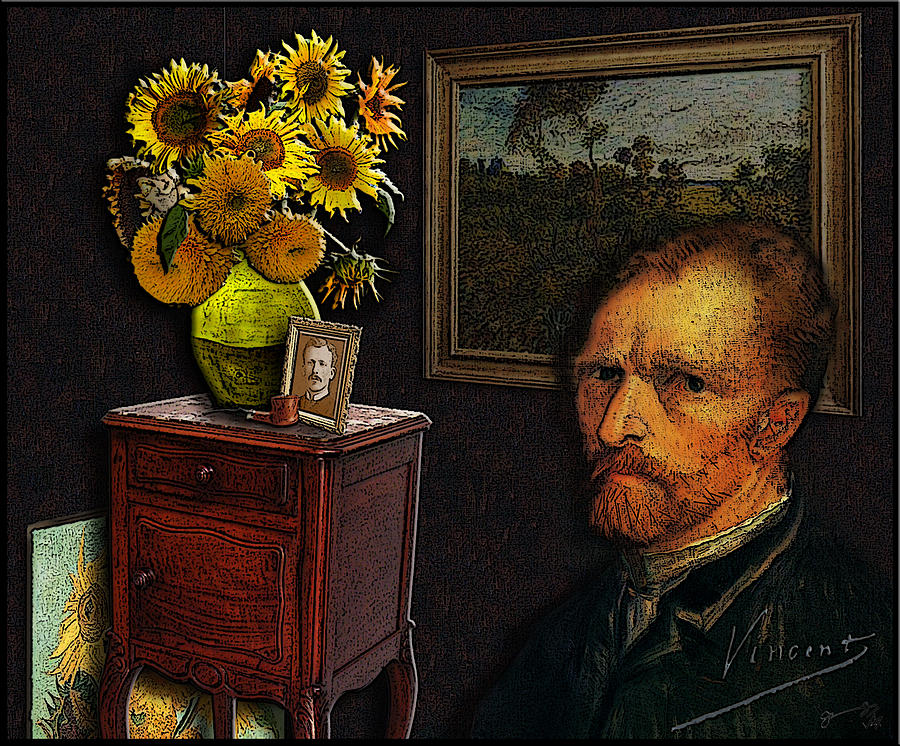 Vincent Sitting By The Sunflowers With A Picture Of Theo In His Studio Drawing