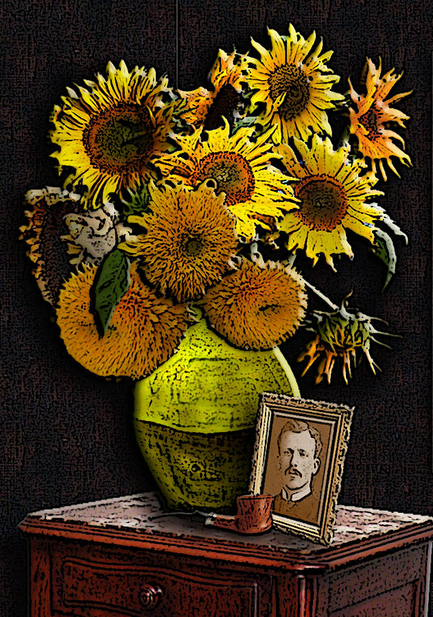 Vincents Sunflowers With A Picture Of Theo And His Pipe Drawing