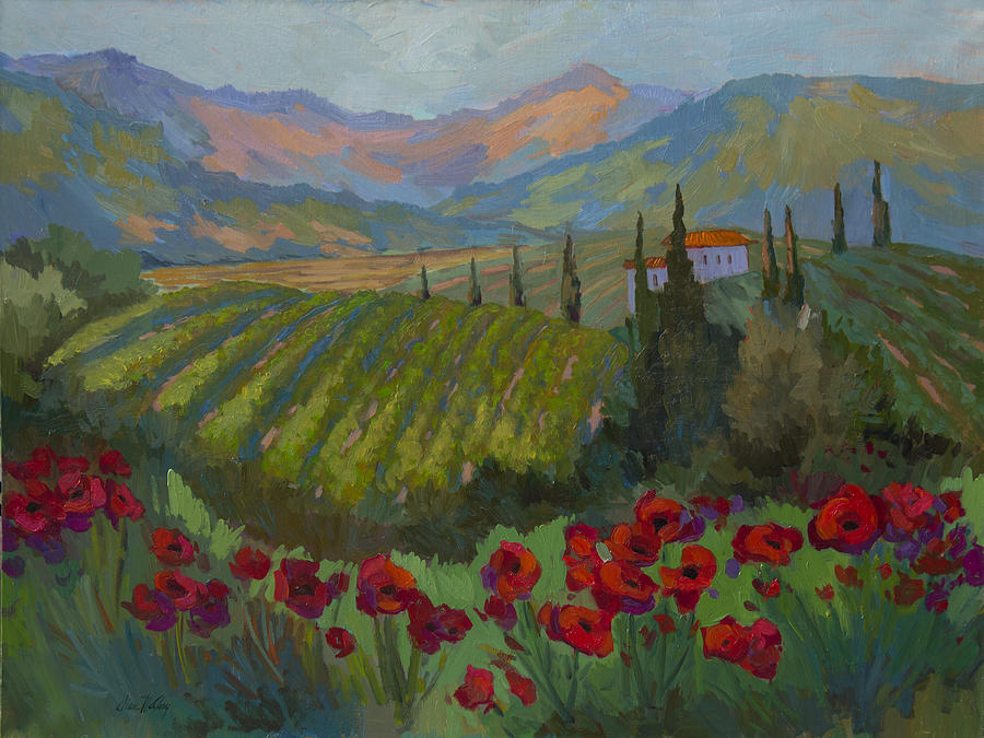 Vineyard and Red Poppies Painting by Diane McClary