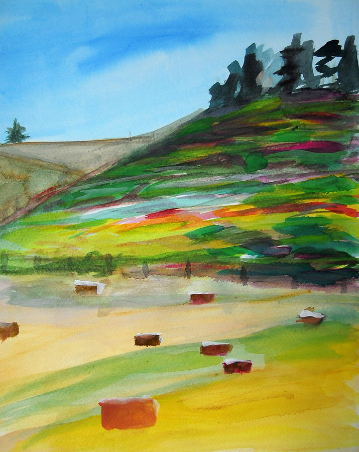 Landscape Painting - Vineyard Bales 3 by Donna Crosby