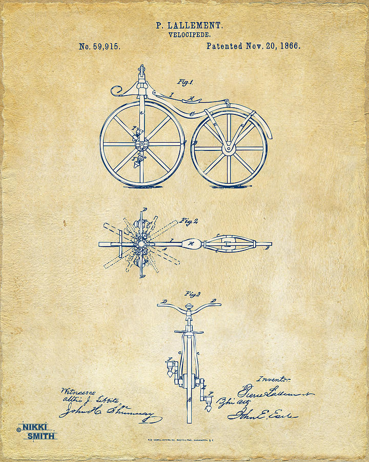 Vintage 1866 Velocipede Bicycle Patent Artwork Digital Art by Nikki Marie Smith