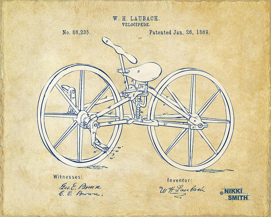 Bicycle Digital Art - Vintage 1869 Velocipede Bicycle Patent Artwork by Nikki Marie Smith