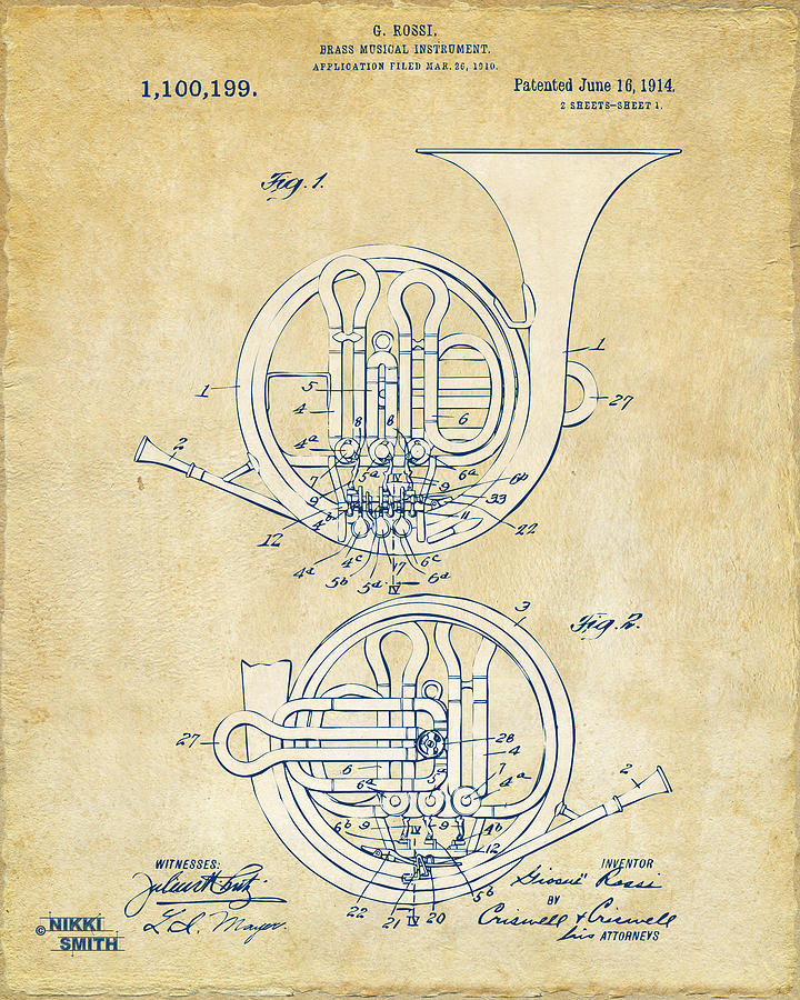 Vintage 1914 French Horn Patent Artwork Digital Art by Nikki Marie Smith