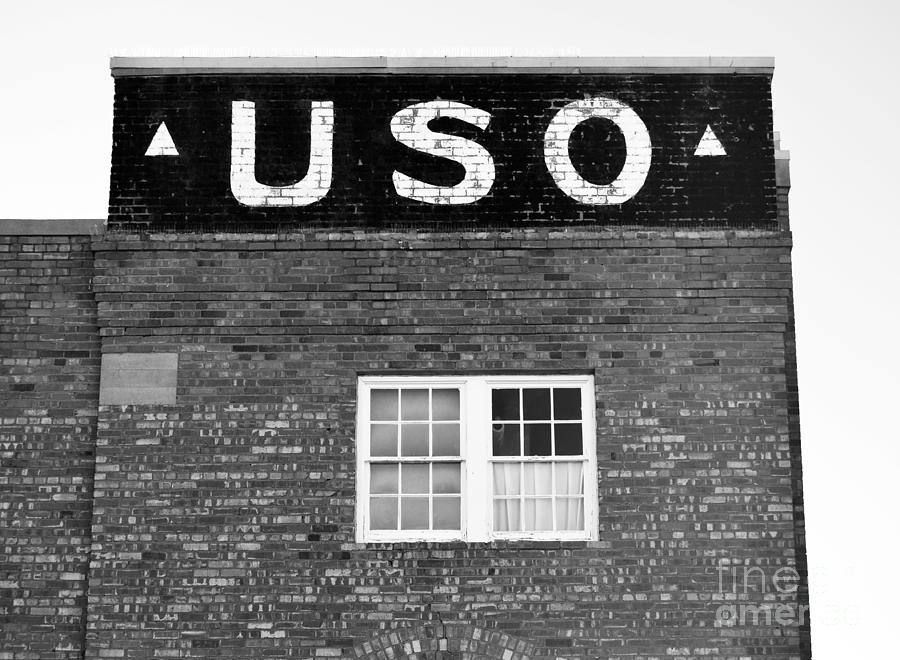 Sign Photograph - Vintage Americana USO Building Sign in Deming New Mexico Black and White by Shawn OBrien