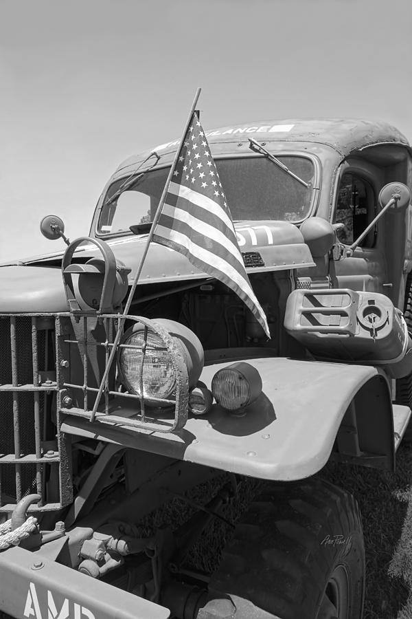 Vintage Army Ambulance in Black and White Photograph by Ann Powell