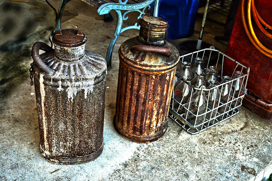 HDR Vintage Art  Cans and Bottles Photograph by Lesa Fine