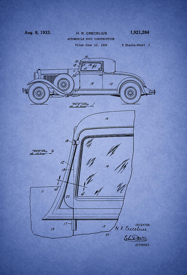 Vintage Drawing - Vintage Auto Body Construction Patent 1922 by Mountain Dreams