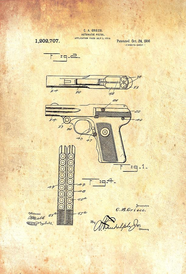 Vintage Drawing - Vintage Automatic Pistol Patent by Mountain Dreams