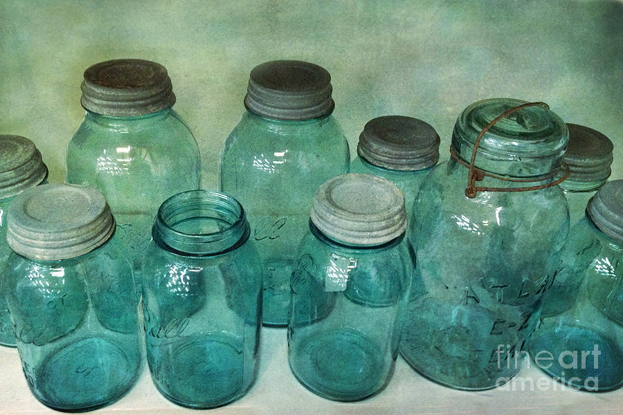 Vintage Ball Jars Shabby Chic Cottage Aqua Blue Ball Jars Print Photograph by Kathy Fornal