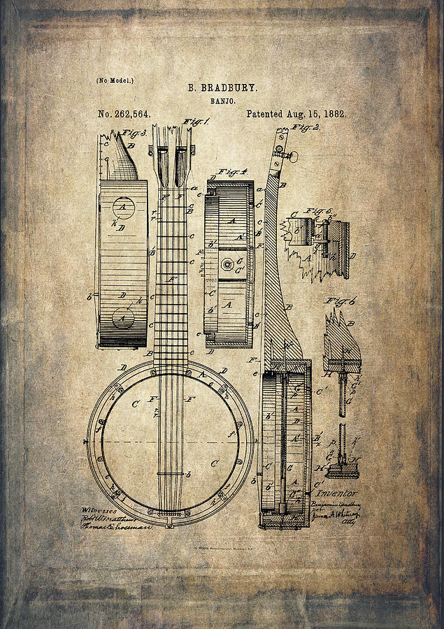 Vintage Banjo Patent Drawing Digital Art by Maria Angelica Maira