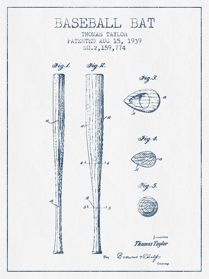 Vintage Baseball Bat Patent From 1939 - Blue Ink Digital Art