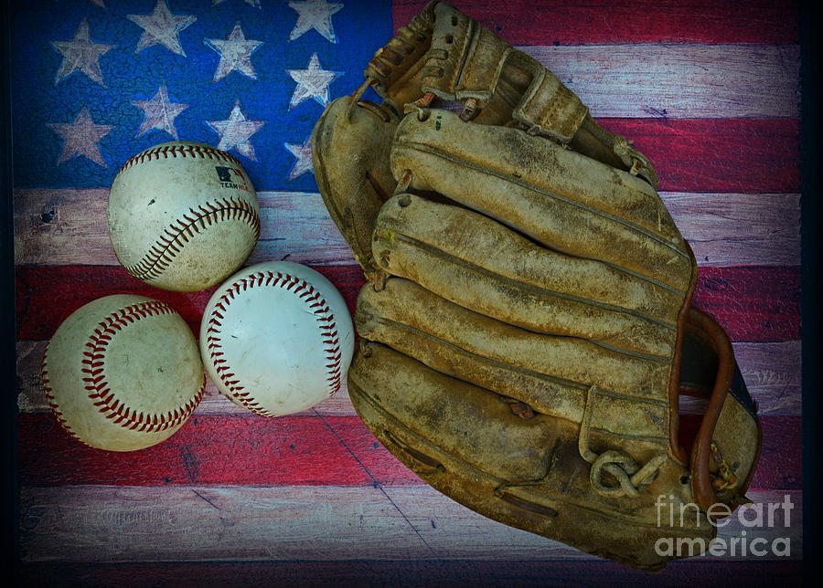 Baseball Photograph - Vintage Baseball Glove and Baseballs on American Flag by Paul Ward