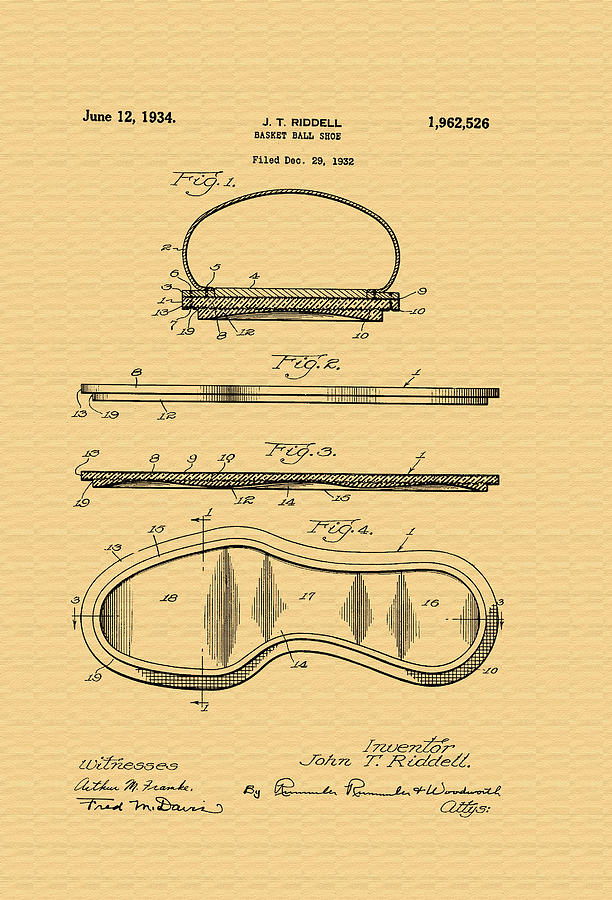 Vintage Photograph - Vintage Basketball Shoe Patent - 1932 by Mountain Dreams