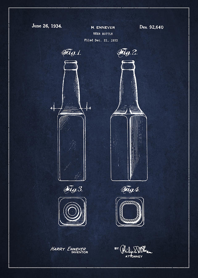 Vintage Beer Bottle Patent Drawing From 1933 - Blue Digital Art