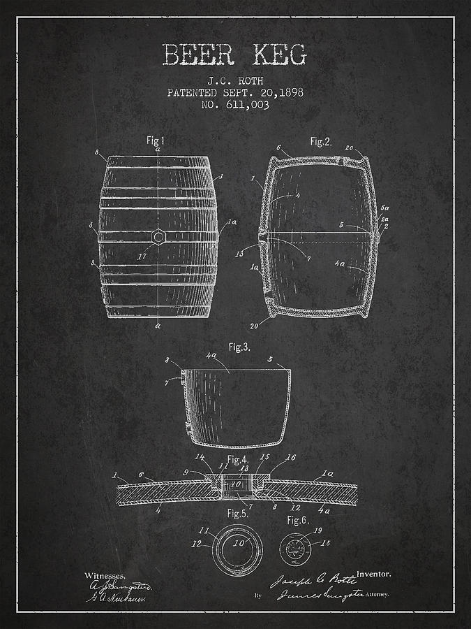 Vintage Beer Keg Patent Drawing From 1898 - Dark Digital Art