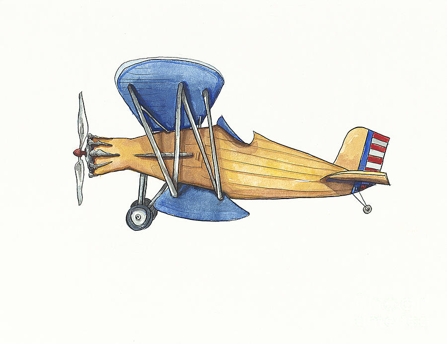 Vintage Painting - Vintage Blue and Yellow Airplane by Annie Laurie