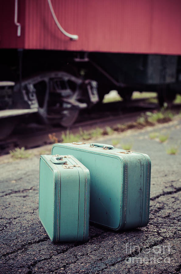Vintage Photograph - Vintage blue suitcases with red caboose by Edward Fielding