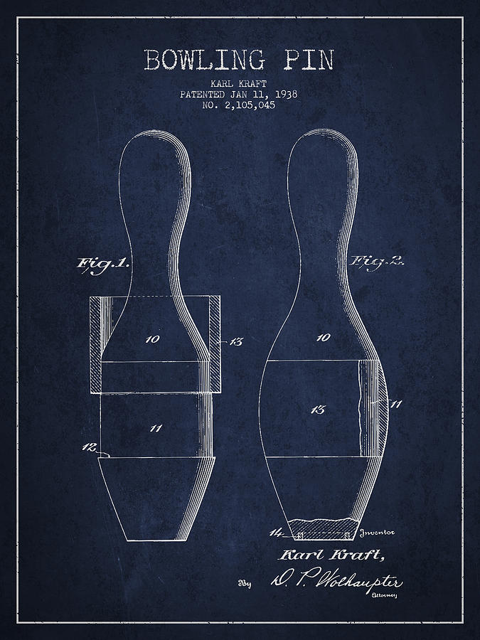 Vintage Drawing - Vintage Bowling Pin Patent Drawing from 1938 by Aged Pixel