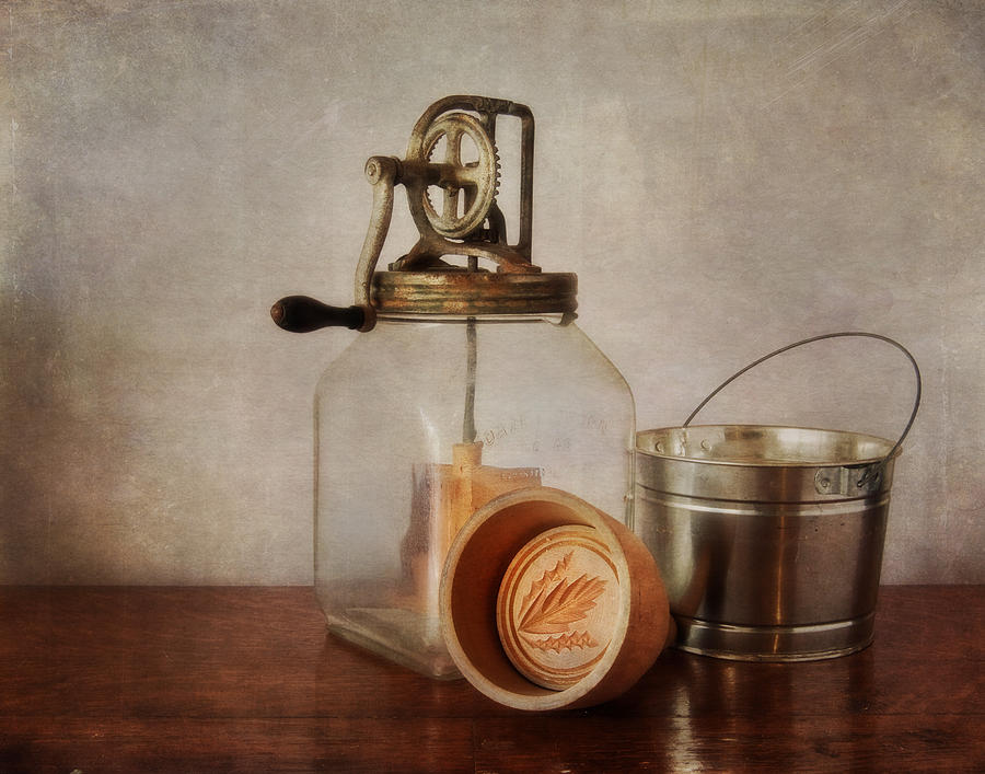 Still Life Photograph - Vintage Butter Churn and Mold by David and Carol Kelly