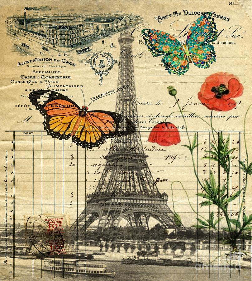wood the on decoupage Paris Poppy Flower Butterfly Vintage Eiffel Art Tower