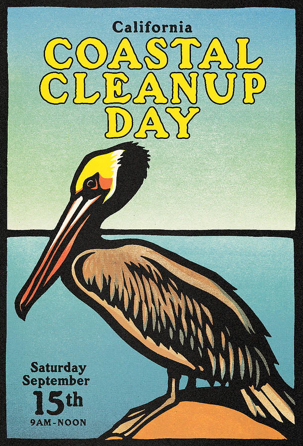 Pelican Painting - Vintage California Coastal Cleanup Day Pelican Poster by   California Coastal Commission