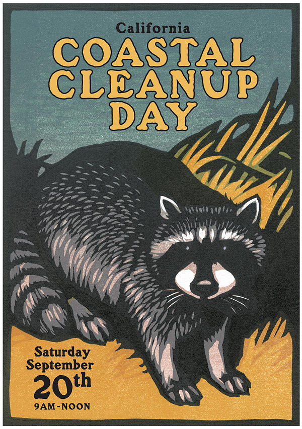 Wildlife Painting - Vintage California Coastal Cleanup Day Raccoon Poster by California Coastal Commission