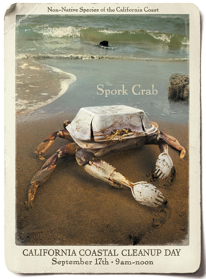 Beach Painting - Vintage California Coastal Cleanup Day Spork Crab Poster by   California Coastal Commission