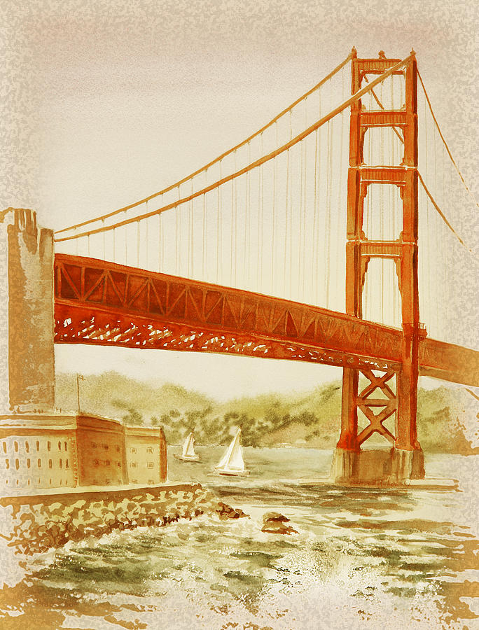 Vintage California Golden Gate Bridge Painting by Irina Sztukowski