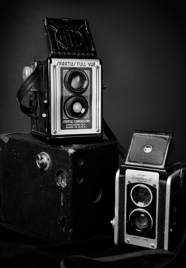 Vintage Cameras In Black And White Photograph