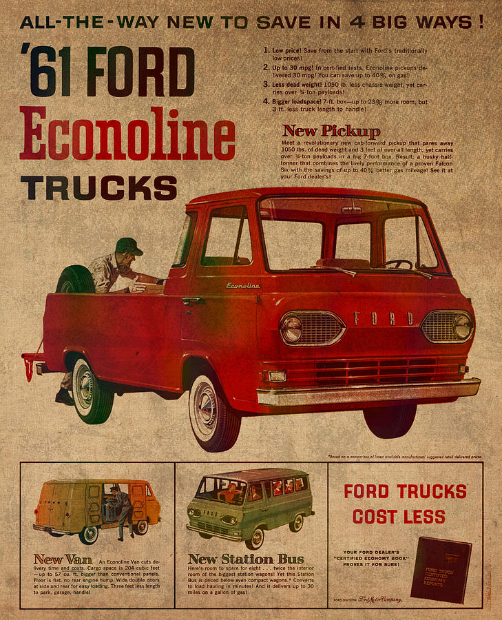 Vintage Mixed Media - Vintage Car Advertisement 1961 Ford Econoline Truck Ad Poster on Worn Faded Paper by Design Turnpike