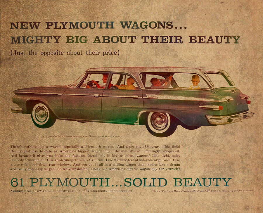 Vintage Mixed Media - Vintage Car Advertisement 1961 Plymouth Wagon Ad Poster on Worn Faded Paper by Design Turnpike