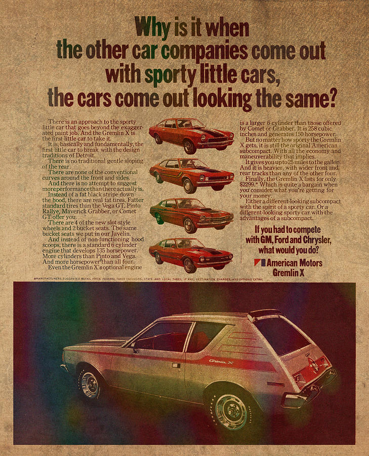 Vintage Car Advertisement American Motors Gremlin Ad Poster on Worn ...