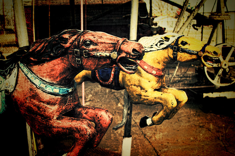 Horse Photograph - Red and Yellow Vintage Carousel Horses 002 by Tony Grider